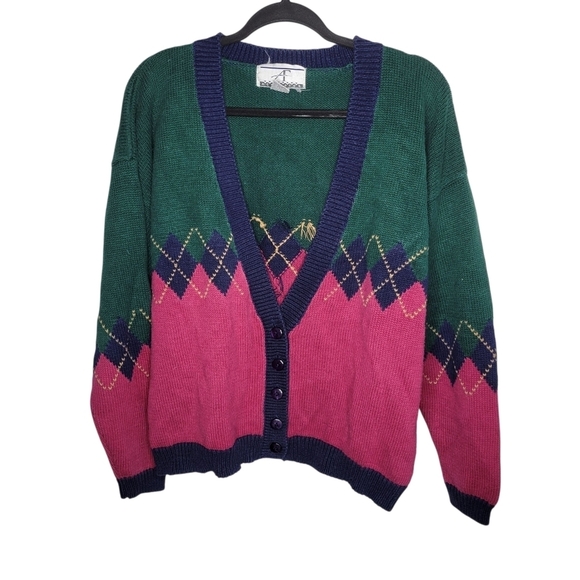 Vintage Sweaters - Vintage 80s Geometric Colorblock Cardigan Size Medium in Green Pink Blue